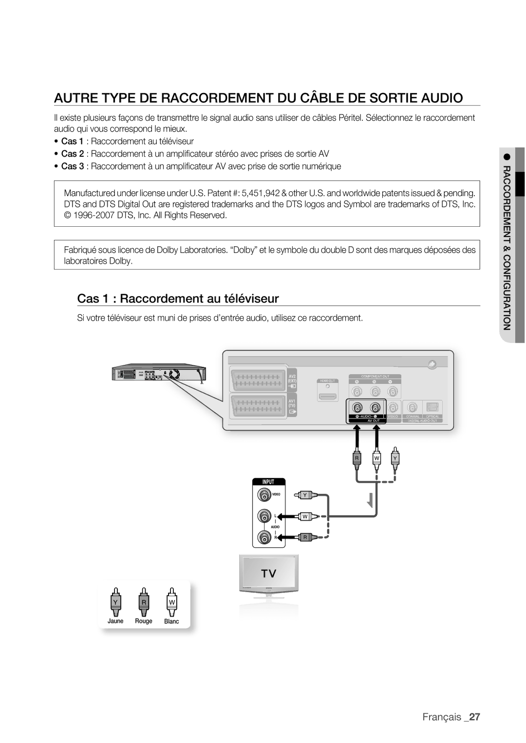 Samsung DVD-HR775/XEF, DVD-HR773/XEF Autre Type DE Raccordement DU Câble DE Sortie Audio, Cas 1 Raccordement au téléviseur 