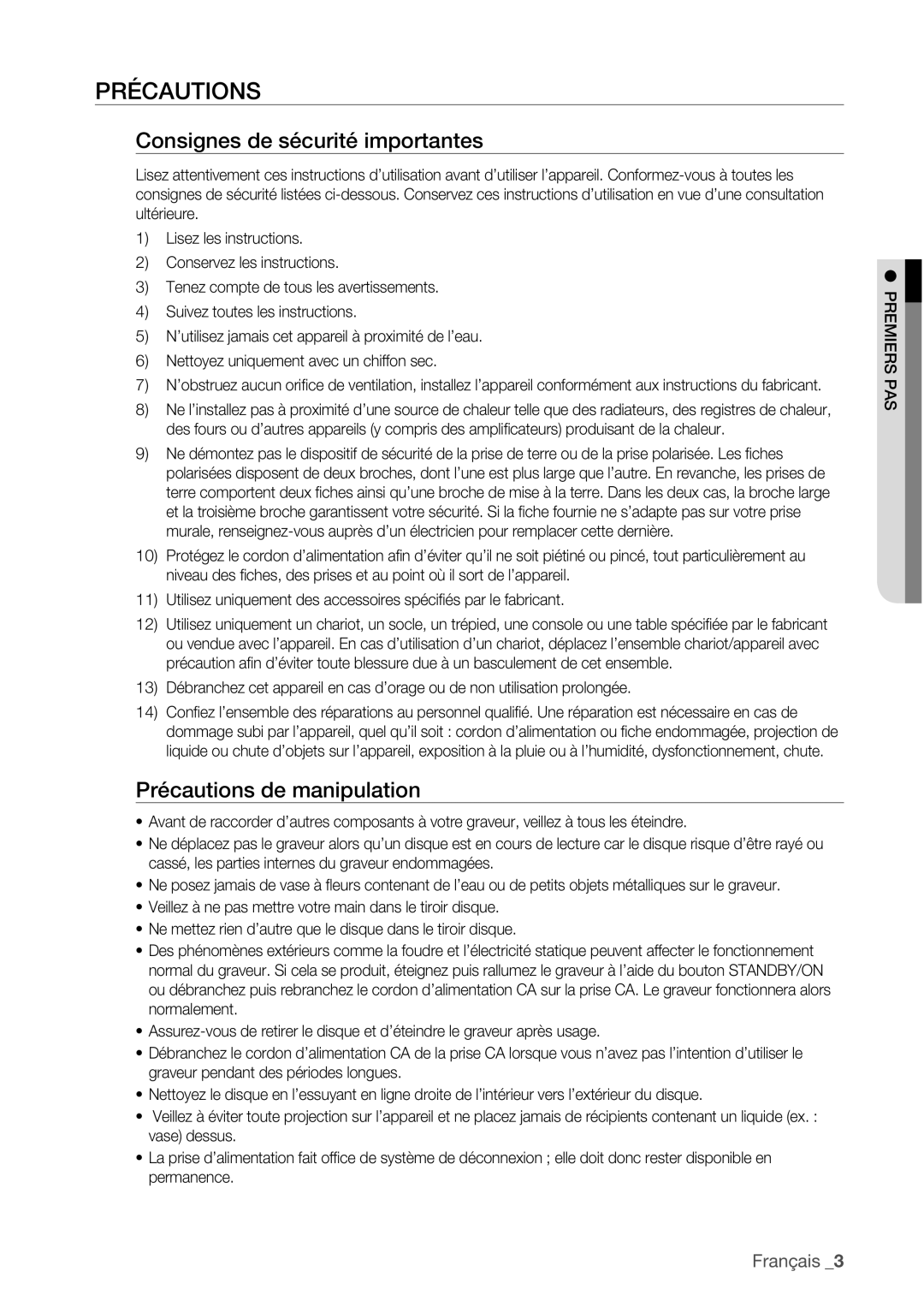 Samsung DVD-HR775/XEF, DVD-HR773/XEF manual Consignes de sécurité importantes, Précautions de manipulation, Premiers PAS 