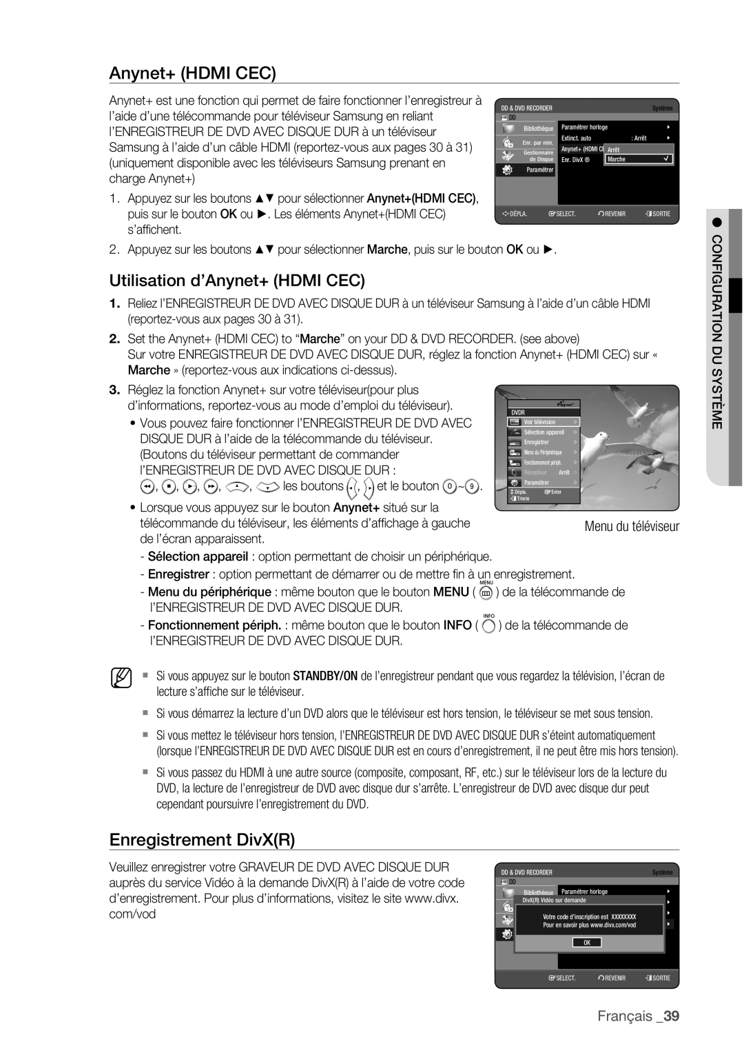 Samsung DVD-HR775/XEF, DVD-HR773/XEF, DVD-HR777/XEF manual Enregistrement DivXR, Utilisation d’Anynet+ Hdmi CEC, Com/vod 