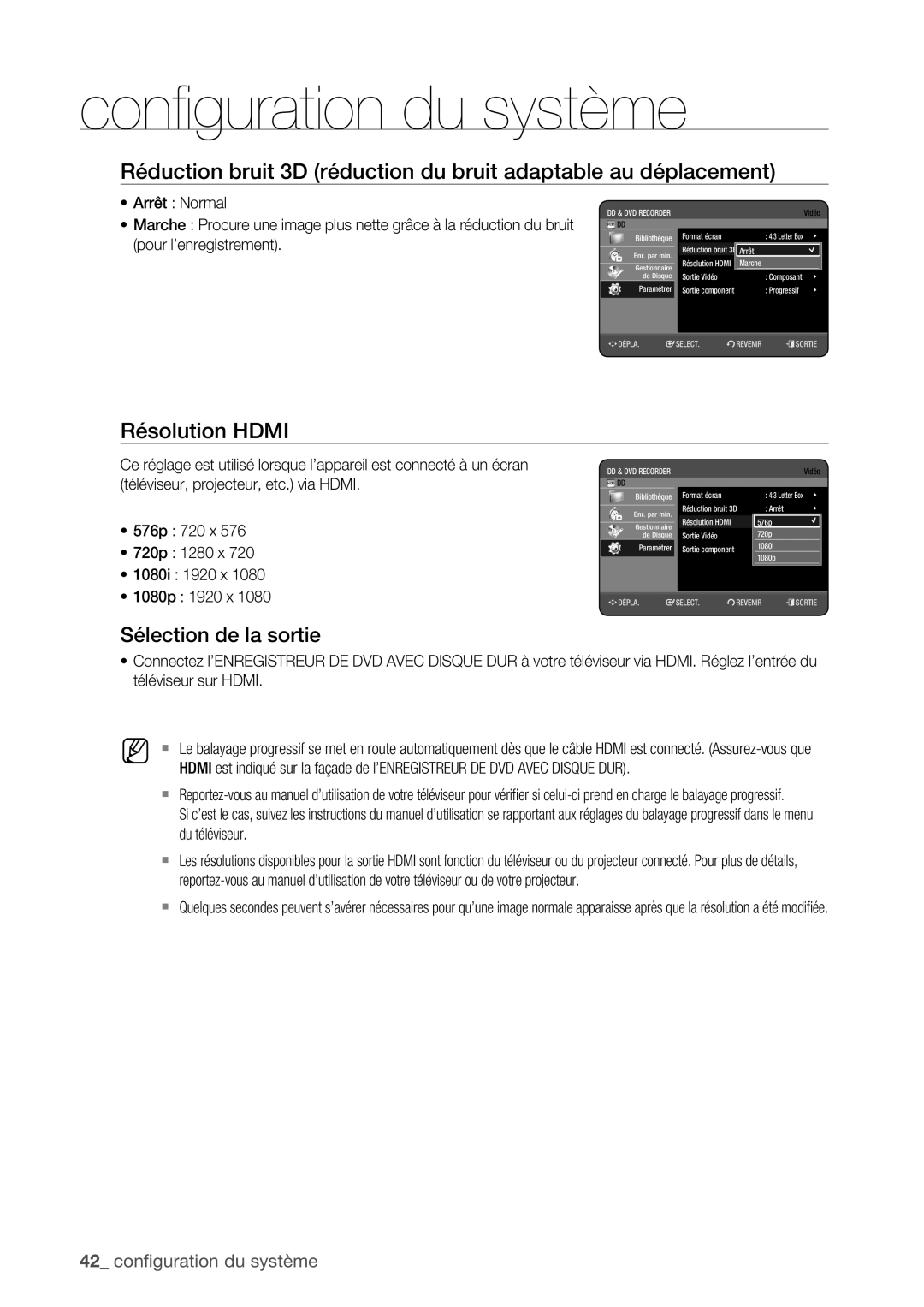 Samsung DVD-HR775/XEF, DVD-HR773/XEF, DVD-HR777/XEF manual Résolution Hdmi, Sélection de la sortie 