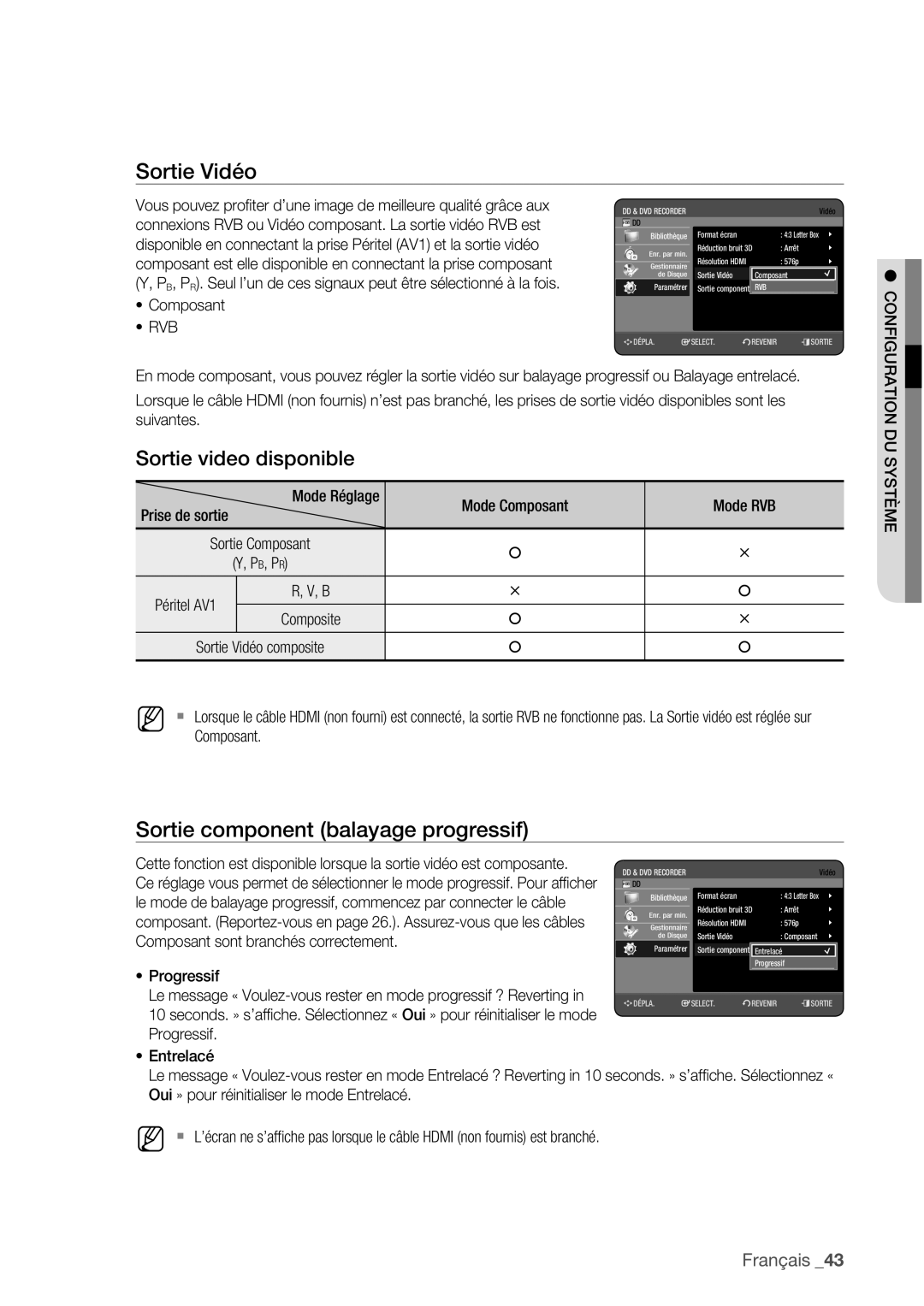 Samsung DVD-HR773/XEF, DVD-HR775/XEF manual Sortie Vidéo, Sortie component balayage progressif, Sortie video disponible, Rvb 