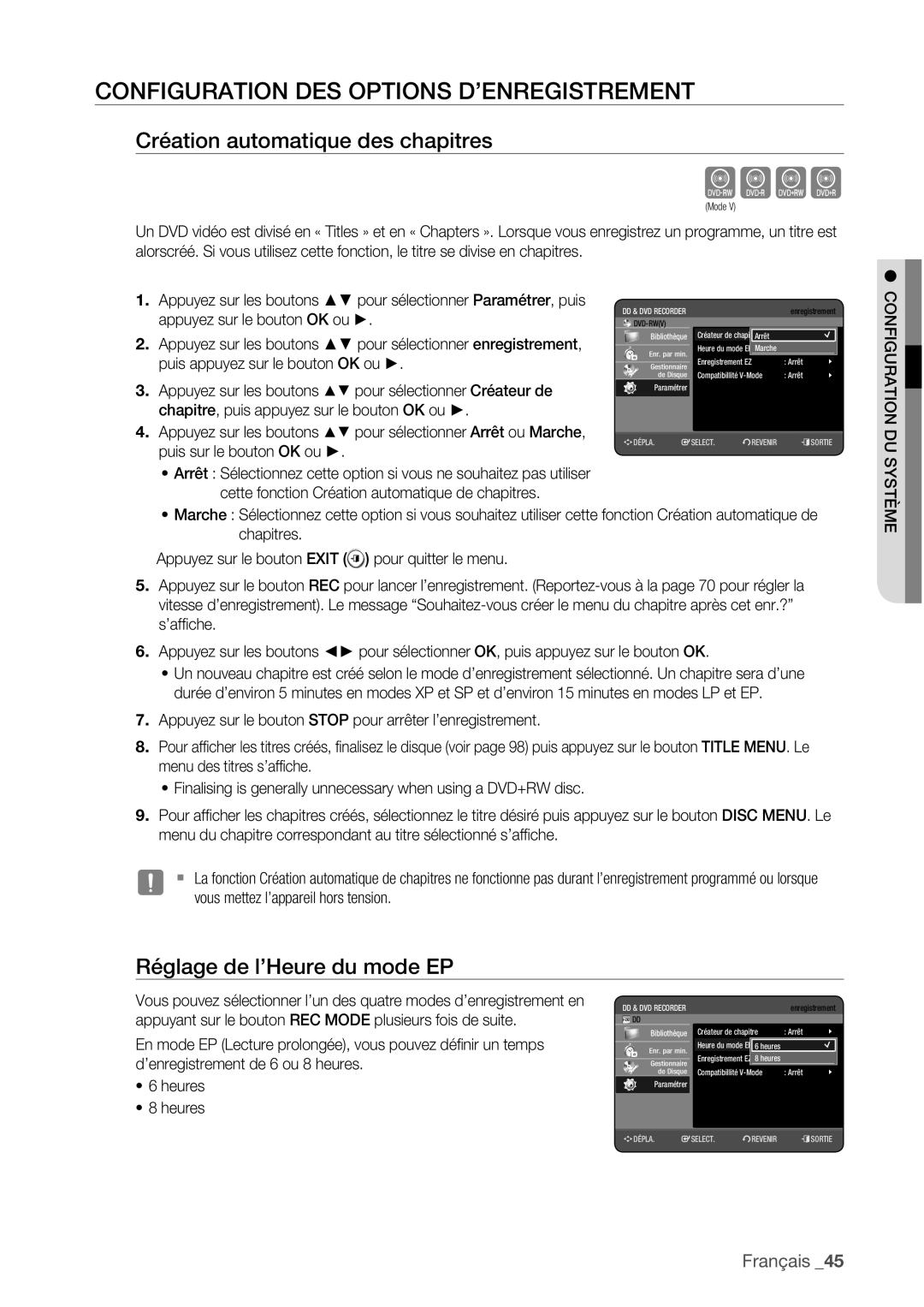 Samsung DVD-HR775/XEF, DVD-HR773/XEF Cvkl, Configuration DES Options D’ENREGISTREMENT, Création automatique des chapitres 