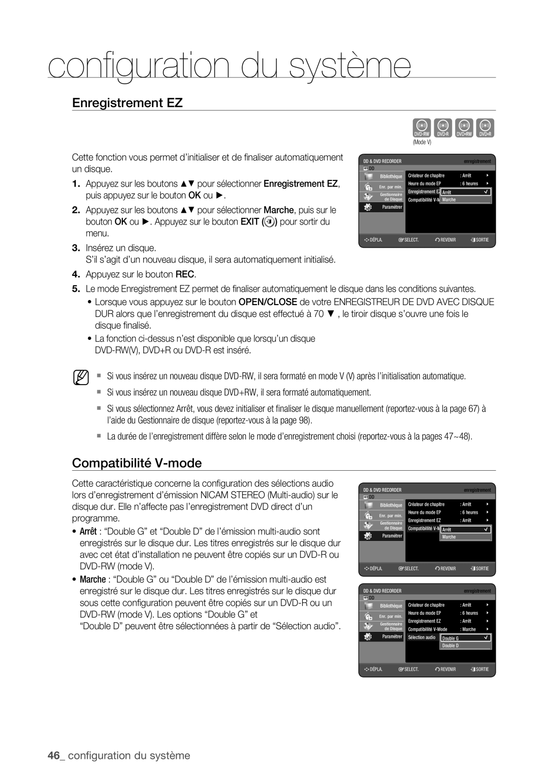 Samsung DVD-HR773/XEF, DVD-HR775/XEF manual Enregistrement EZ, Compatibilité V-mode, Un disque, Heure du mode EP Heures 