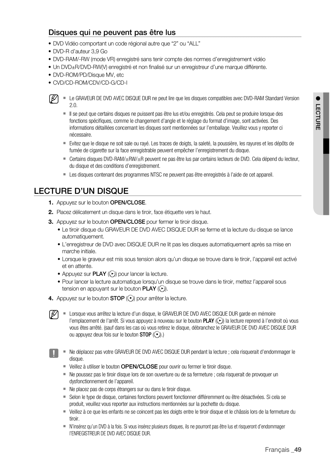 Samsung DVD-HR773/XEF, DVD-HR775/XEF Lecture D’UN Disque, Disques qui ne peuvent pas être lus, Cvd/Cd-Rom/Cdv/Cd-G/Cd-I 