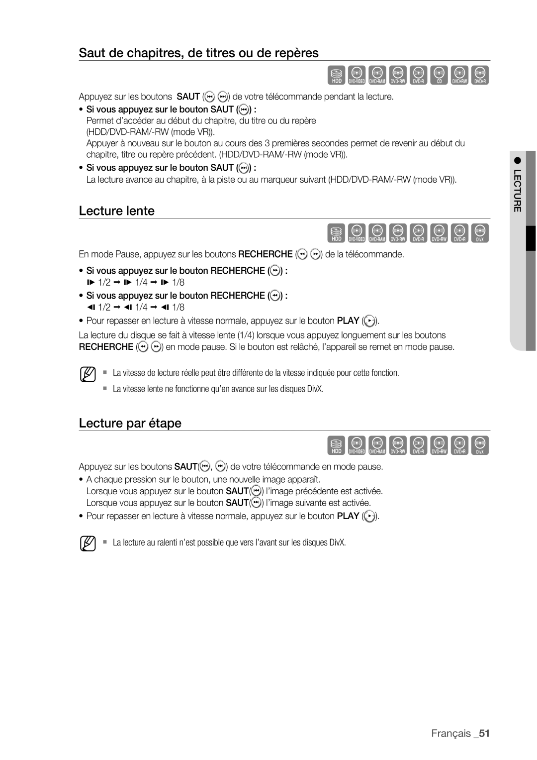 Samsung DVD-HR775/XEF, DVD-HR773/XEF manual Saut de chapitres, de titres ou de repères, Lecture lente, Lecture par étape 