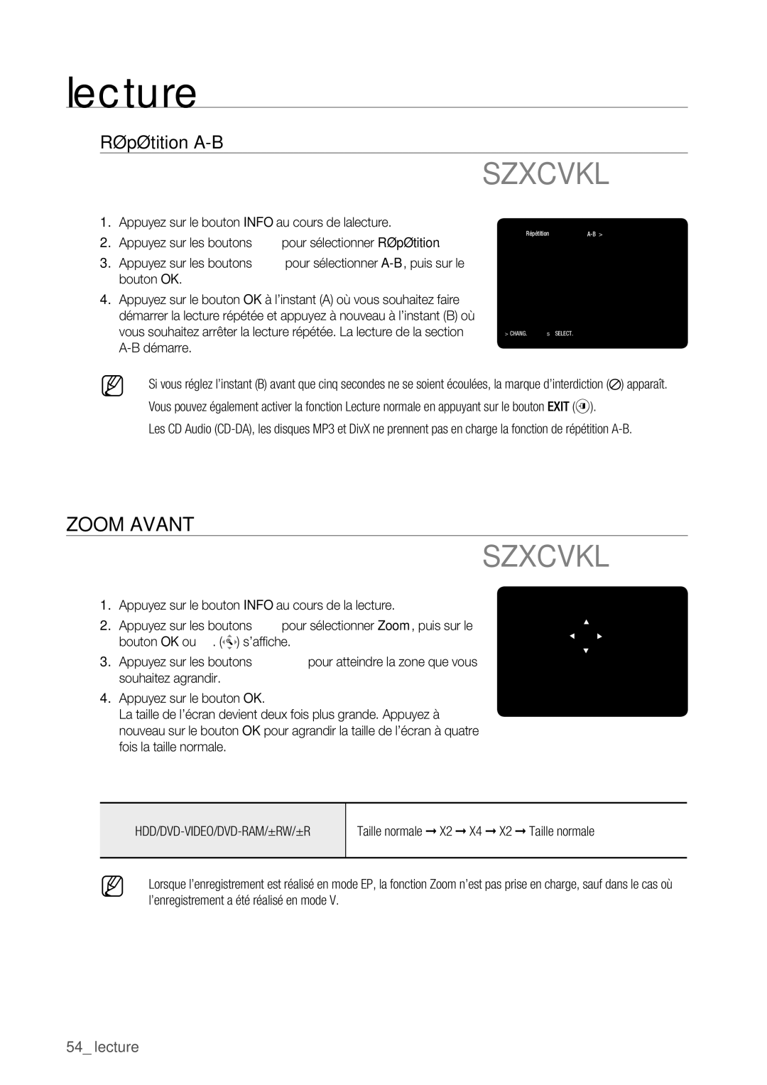 Samsung DVD-HR775/XEF, DVD-HR773/XEF, DVD-HR777/XEF manual Szxcvkl, Zoom Avant, Répétition A-B 