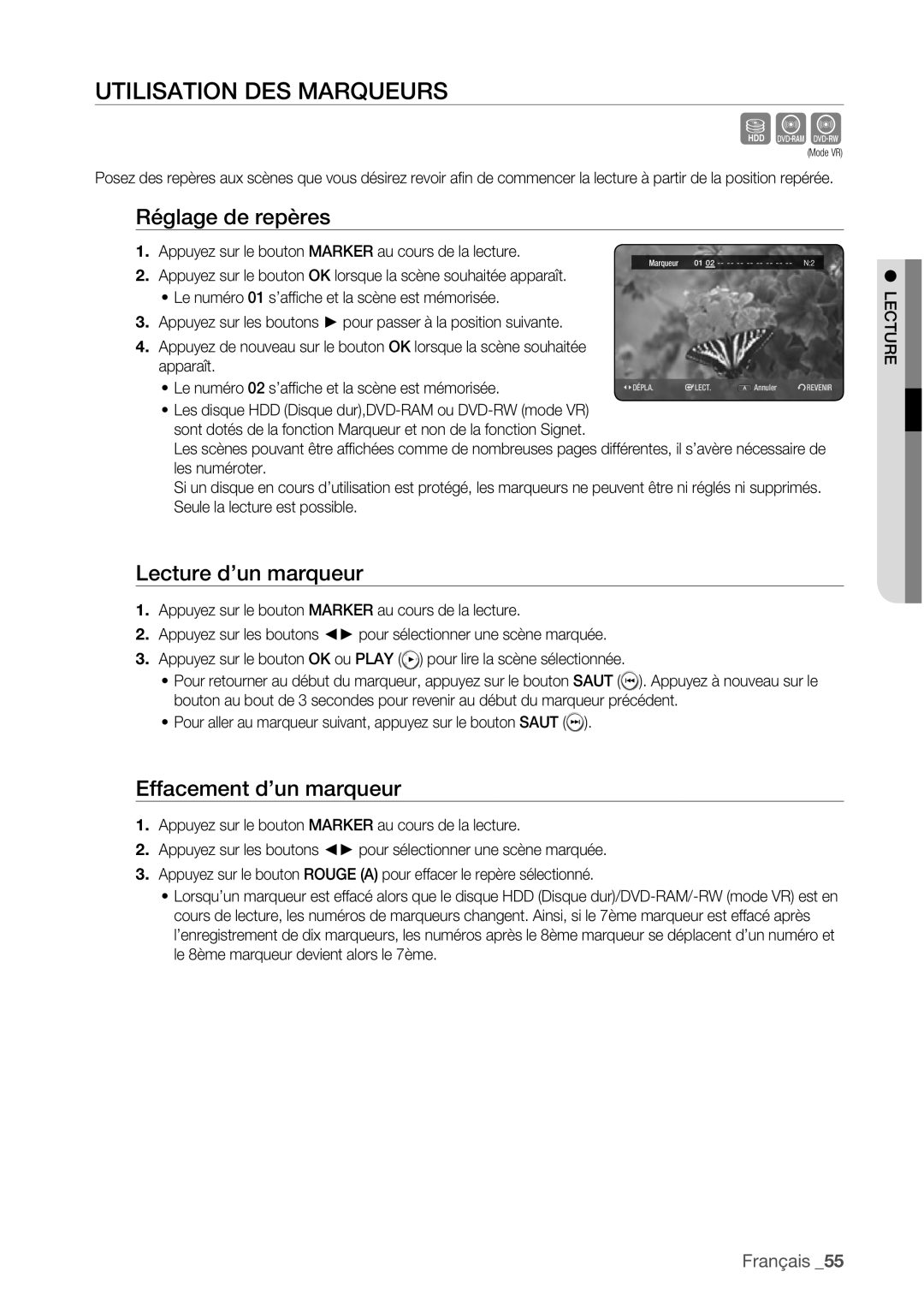 Samsung DVD-HR773/XEF Sxc, Utilisation DES Marqueurs, Réglage de repères, Lecture d’un marqueur, Effacement d’un marqueur 