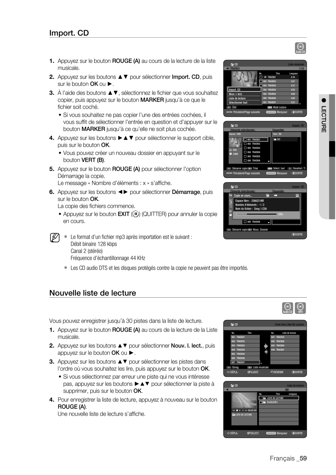 Samsung DVD-HR777/XEF Import. CD, Nouvelle liste de lecture, Le format d’un ﬁchier mp3 après importation est le suivant 