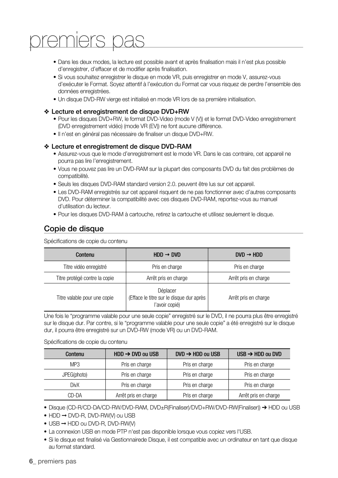 Samsung DVD-HR775/XEF, DVD-HR773/XEF manual Copie de disque, Spéciﬁcations de copie du contenu Contenu, Hdd € Dvd Dvd € Hdd 