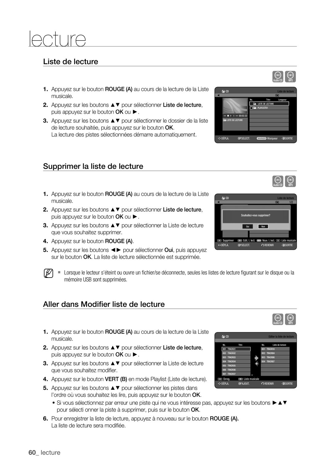 Samsung DVD-HR775/XEF, DVD-HR773/XEF Liste de lecture, Supprimer la liste de lecture, Aller dans Modiﬁer liste de lecture 