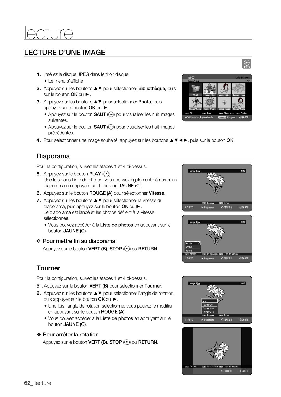 Samsung DVD-HR777/XEF, DVD-HR775/XEF, DVD-HR773/XEF manual Lecture D’UNE Image, Diaporama, Tourner 