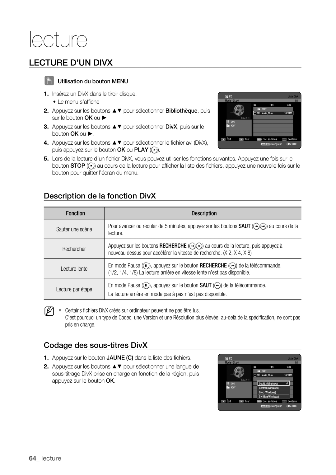 Samsung DVD-HR773/XEF, DVD-HR775/XEF manual Lecture D’UN Divx, Description de la fonction DivX, Codage des sous-titres DivX 