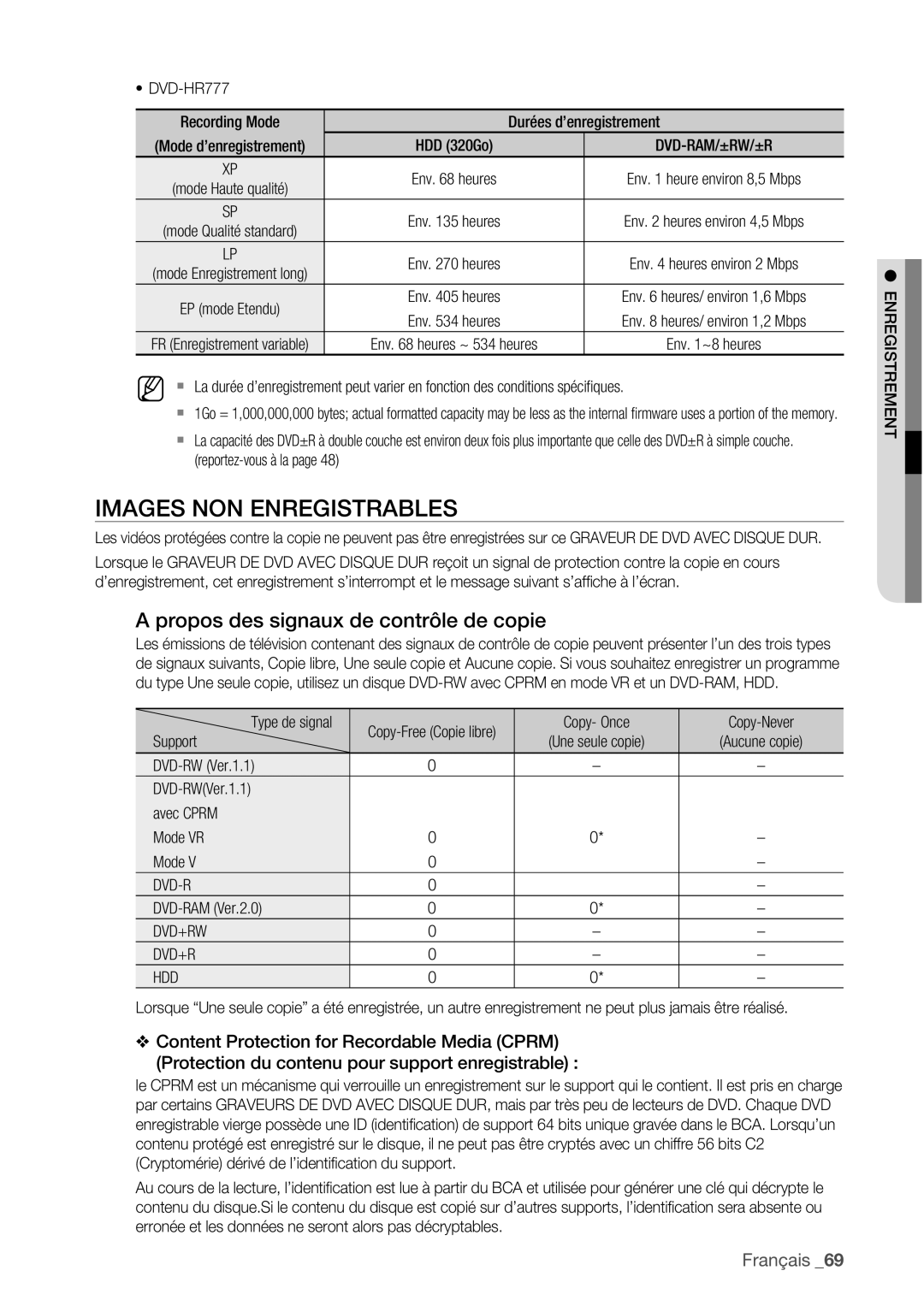 Samsung DVD-HR775/XEF, DVD-HR773/XEF Images NON Enregistrables, Propos des signaux de contrôle de copie, Dvd-R, Dvd+Rw Hdd 