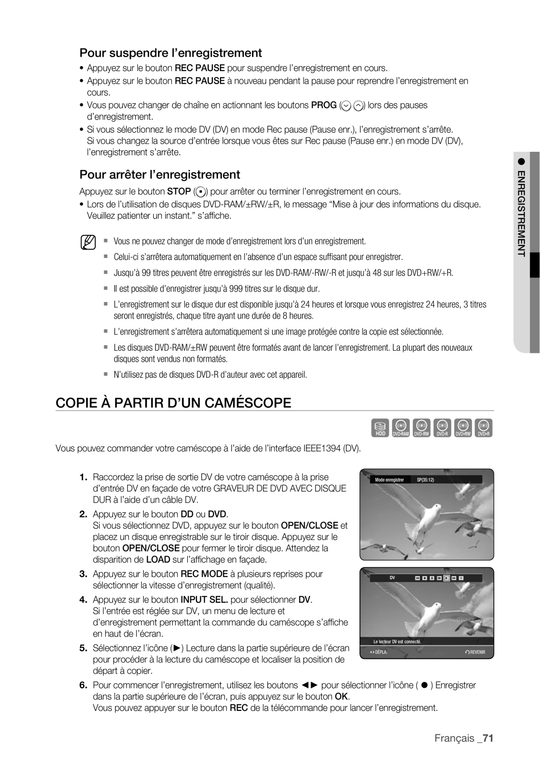 Samsung DVD-HR777/XEF manual Copie À Partir D’UN Caméscope, Pour suspendre l’enregistrement, Pour arrêter l’enregistrement 