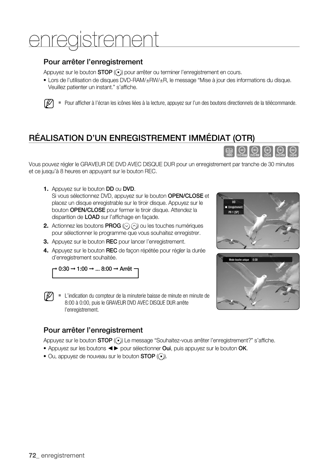 Samsung DVD-HR775/XEF, DVD-HR773/XEF, DVD-HR777/XEF manual Réalisation D’UN Enregistrement Immédiat OTR 