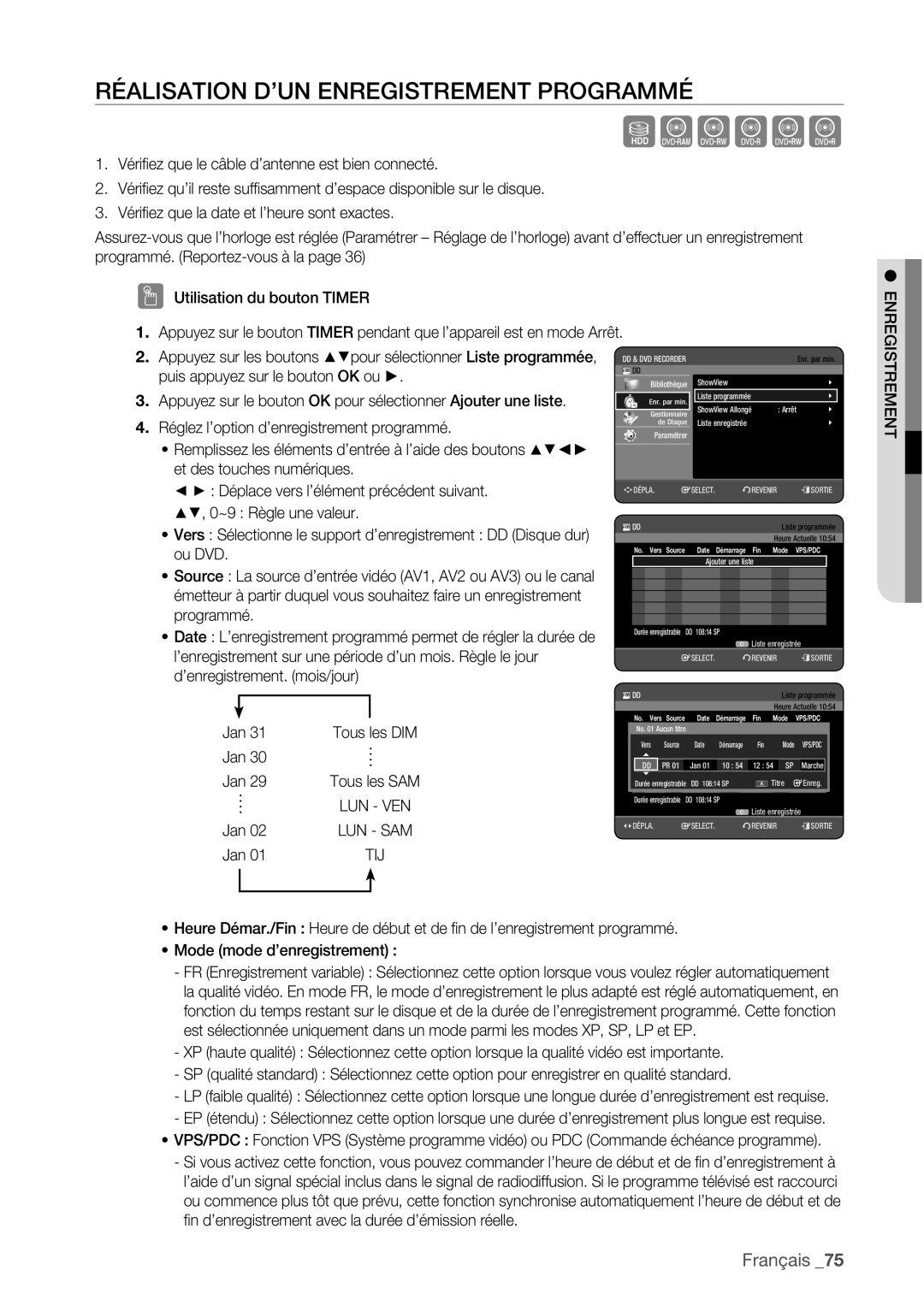 Samsung DVD-HR775/XEF manual Réalisation D’UN Enregistrement Programmé, Réglez l’option d’enregistrement programmé, Jan 