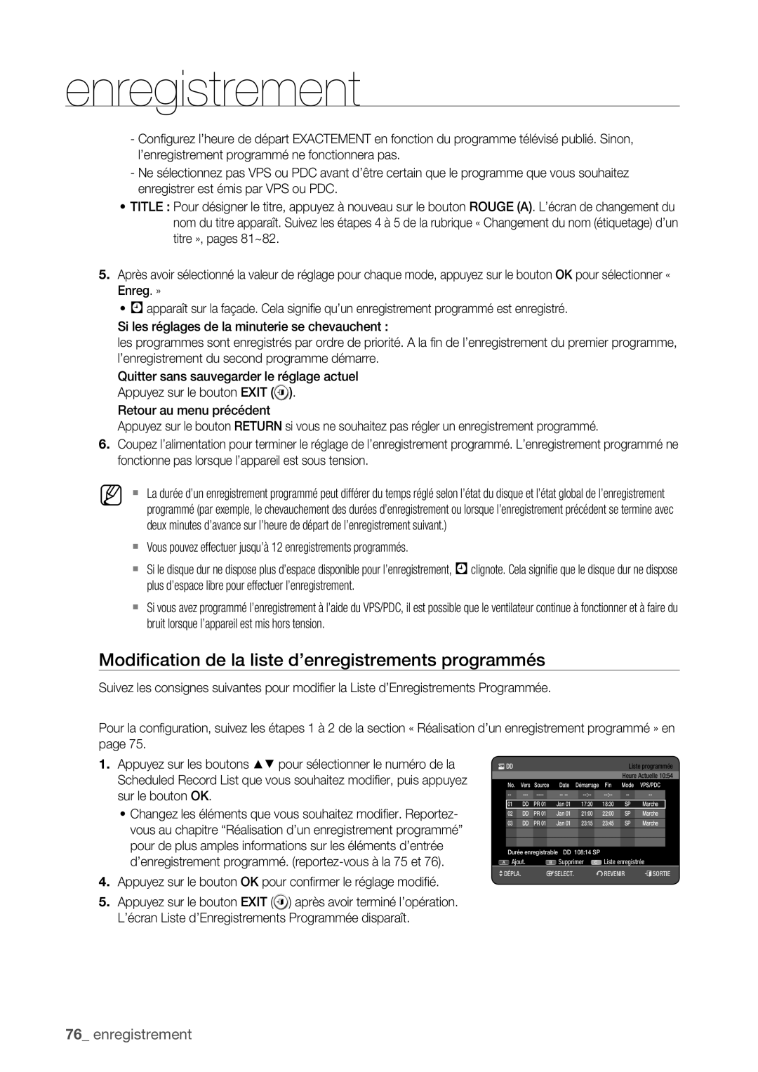 Samsung DVD-HR773/XEF, DVD-HR775/XEF, DVD-HR777/XEF manual Modiﬁcation de la liste d’enregistrements programmés 