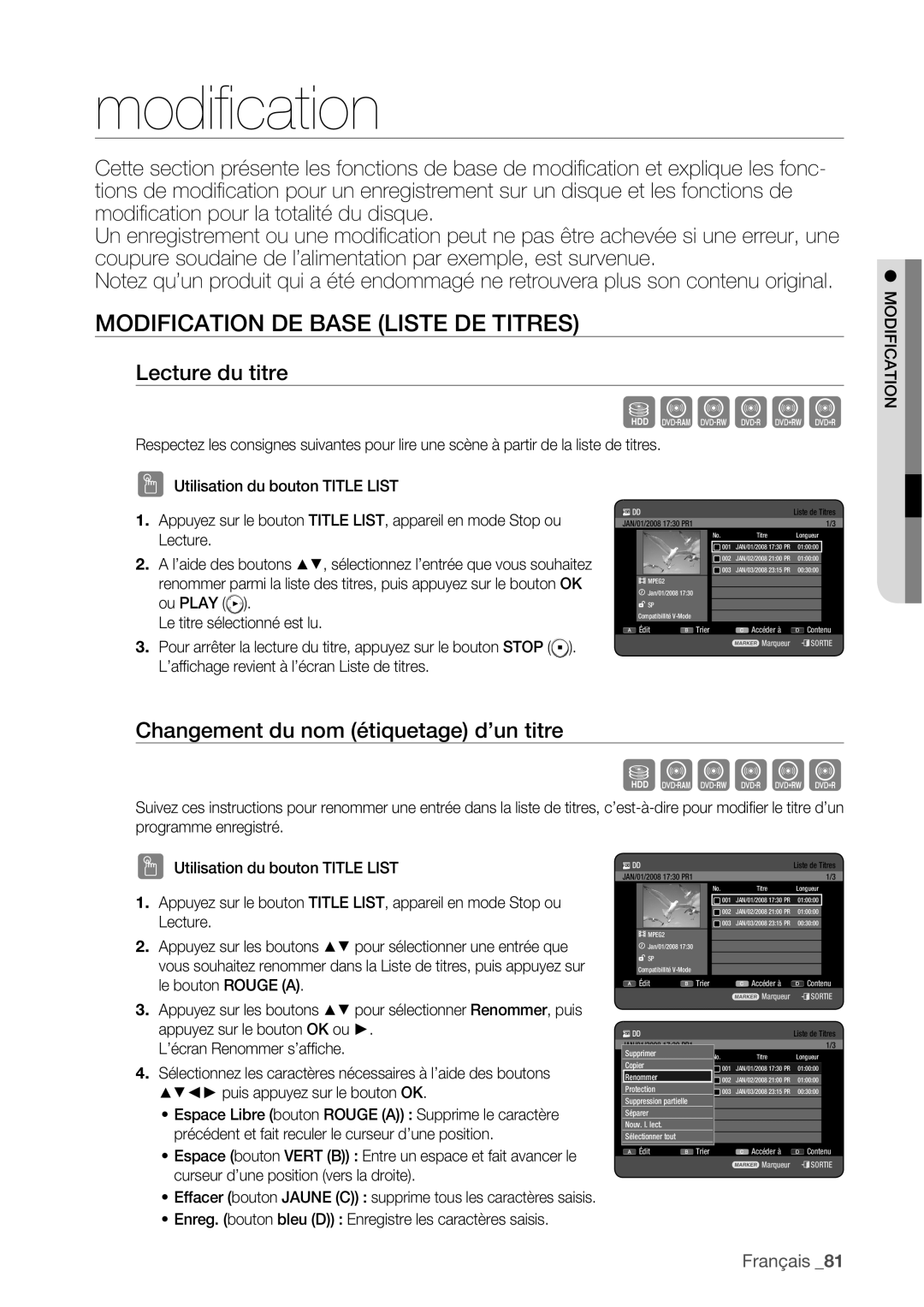 Samsung DVD-HR775/XEF Modification DE Base Liste DE Titres, Lecture du titre, Changement du nom étiquetage d’un titre 