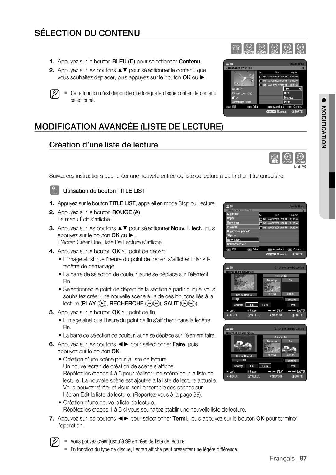 Samsung DVD-HR775/XEF manual Sélection DU Contenu, Modification Avancée Liste DE Lecture, Création d’une liste de lecture 