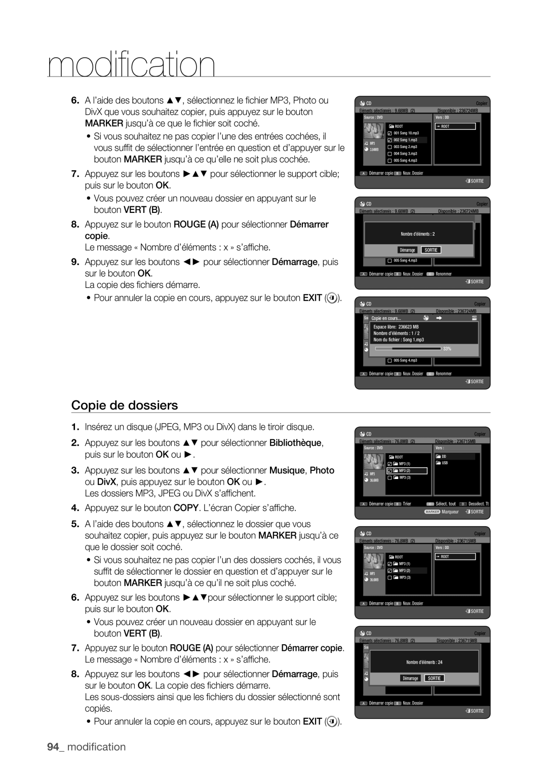 Samsung DVD-HR773/XEF, DVD-HR775/XEF, DVD-HR777/XEF Copie de dossiers, Disponible 236724MB, Nombre d’éléments, Démarrage 