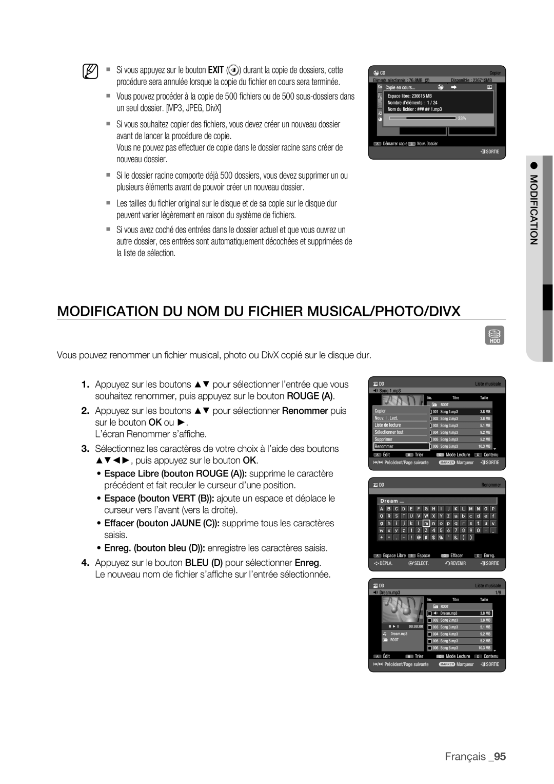 Samsung DVD-HR777/XEF Modification DU NOM DU Fichier MUSICAL/PHOTO/DIVX, Nouv. I . Lect, Supprimer Renommer, Dream.mp3 