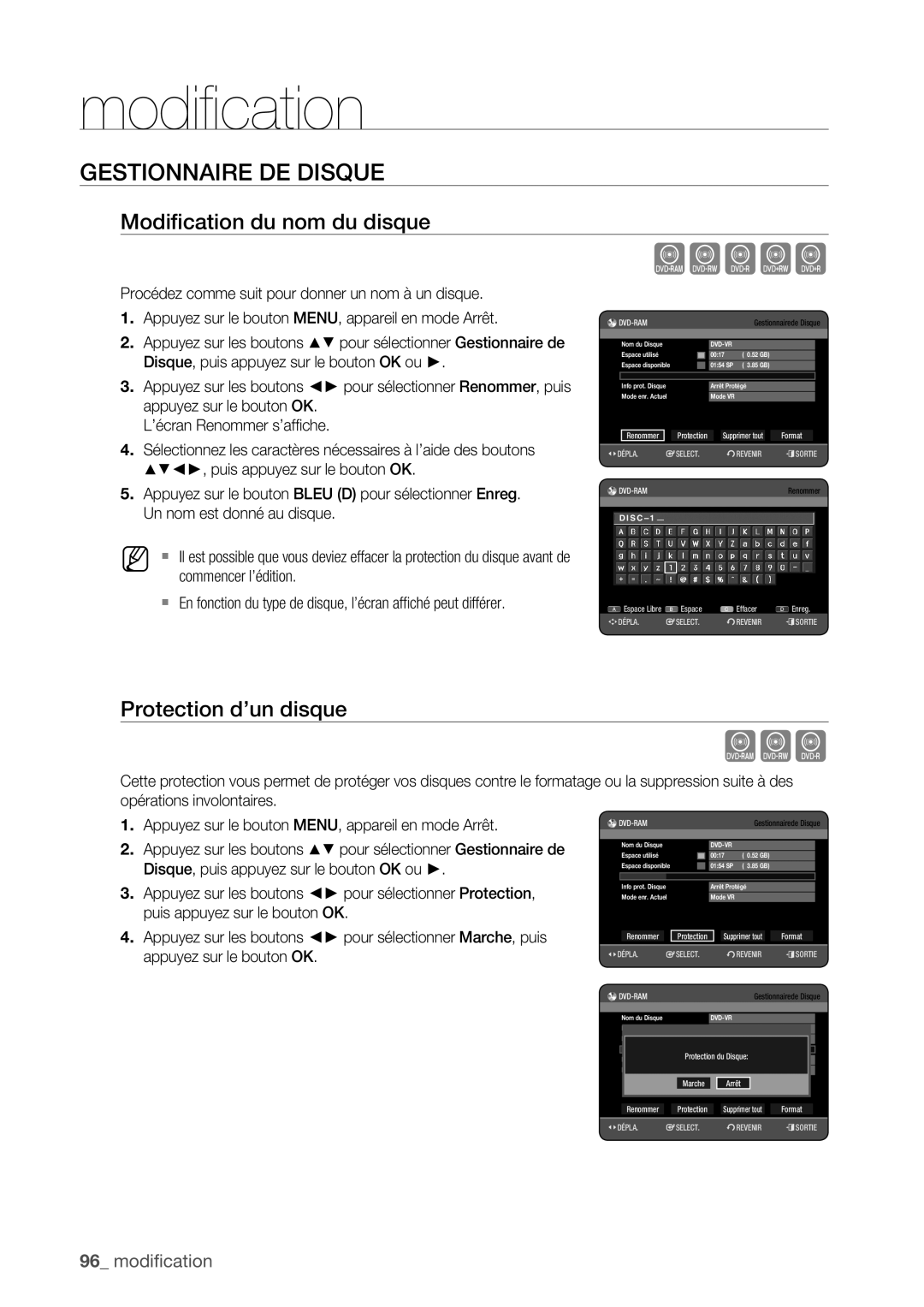 Samsung DVD-HR775/XEF, DVD-HR773/XEF Xcvkl, Gestionnaire DE Disque, Modiﬁcation du nom du disque, Protection d’un disque 