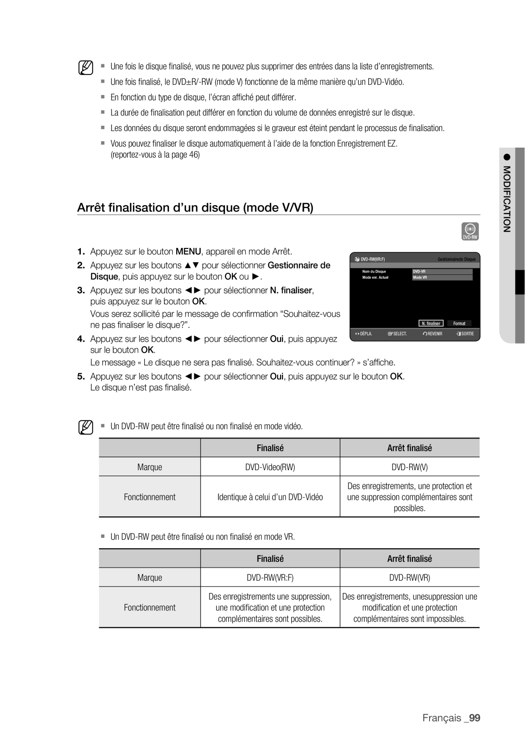 Samsung DVD-HR775/XEF, DVD-HR773/XEF, DVD-HR777/XEF manual Arrêt ﬁnalisation d’un disque mode V/VR, Finaliser Format 