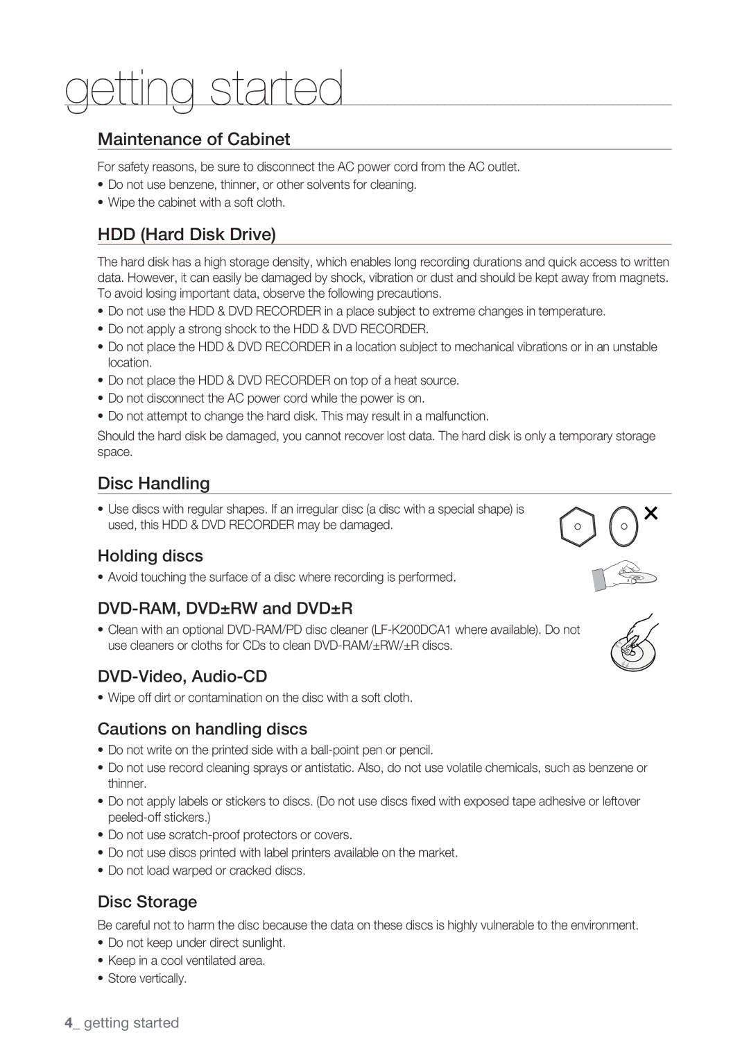 Samsung DVD-HR775/XEB, DVD-HR775/XEN, DVD-HR773/XEN manual Maintenance of Cabinet, HDD Hard Disk Drive, Disc Handling 