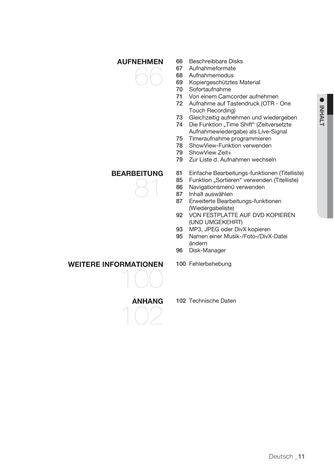 Samsung DVD-HR777/XEG, DVD-HR775/XEN manual VON Festplatte AUF DVD Kopieren UND Umgekehrt, Fehlerbehebung, 102, Inhalt 