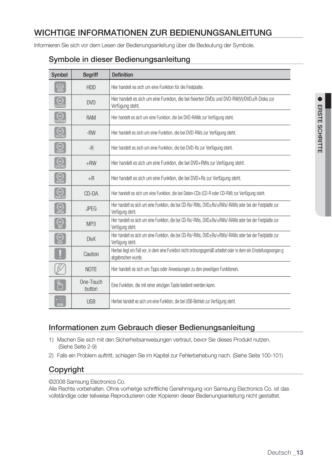 Samsung DVD-HR777/XEB Wichtige Informationen ZUR Bedienungsanleitung, Symbole in dieser Bedienungsanleitung, Copyright 