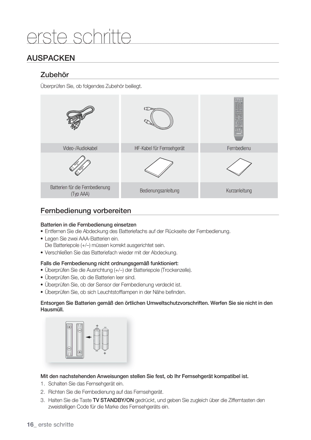 Samsung DVD-HR775/AUS, DVD-HR775/XEN, DVD-HR777/XEB, DVD-HR775/XEG manual Auspacken, Zubehör, Fernbedienung vorbereiten 