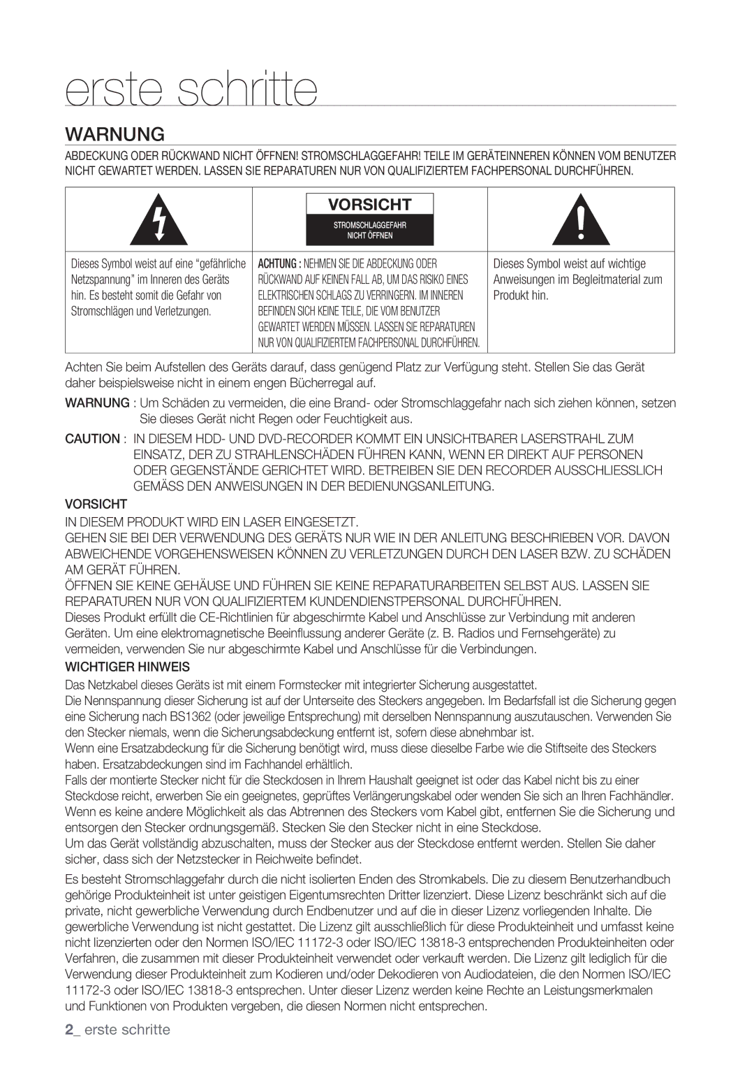 Samsung DVD-HR775/XEG, DVD-HR775/XEN, DVD-HR777/XEB, DVD-HR775/XEB Erste schritte, Warnung, Produkt hin, Wichtiger Hinweis 