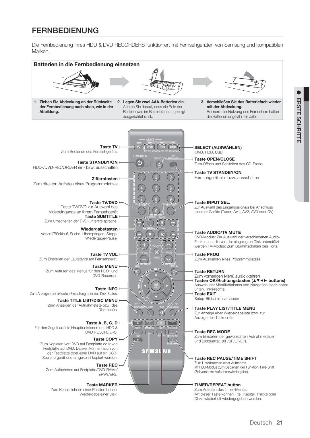 Samsung DVD-HR775/XEB, DVD-HR775/XEN, DVD-HR777/XEB, DVD-HR775/XEG manual Batterien in die Fernbedienung einsetzen 