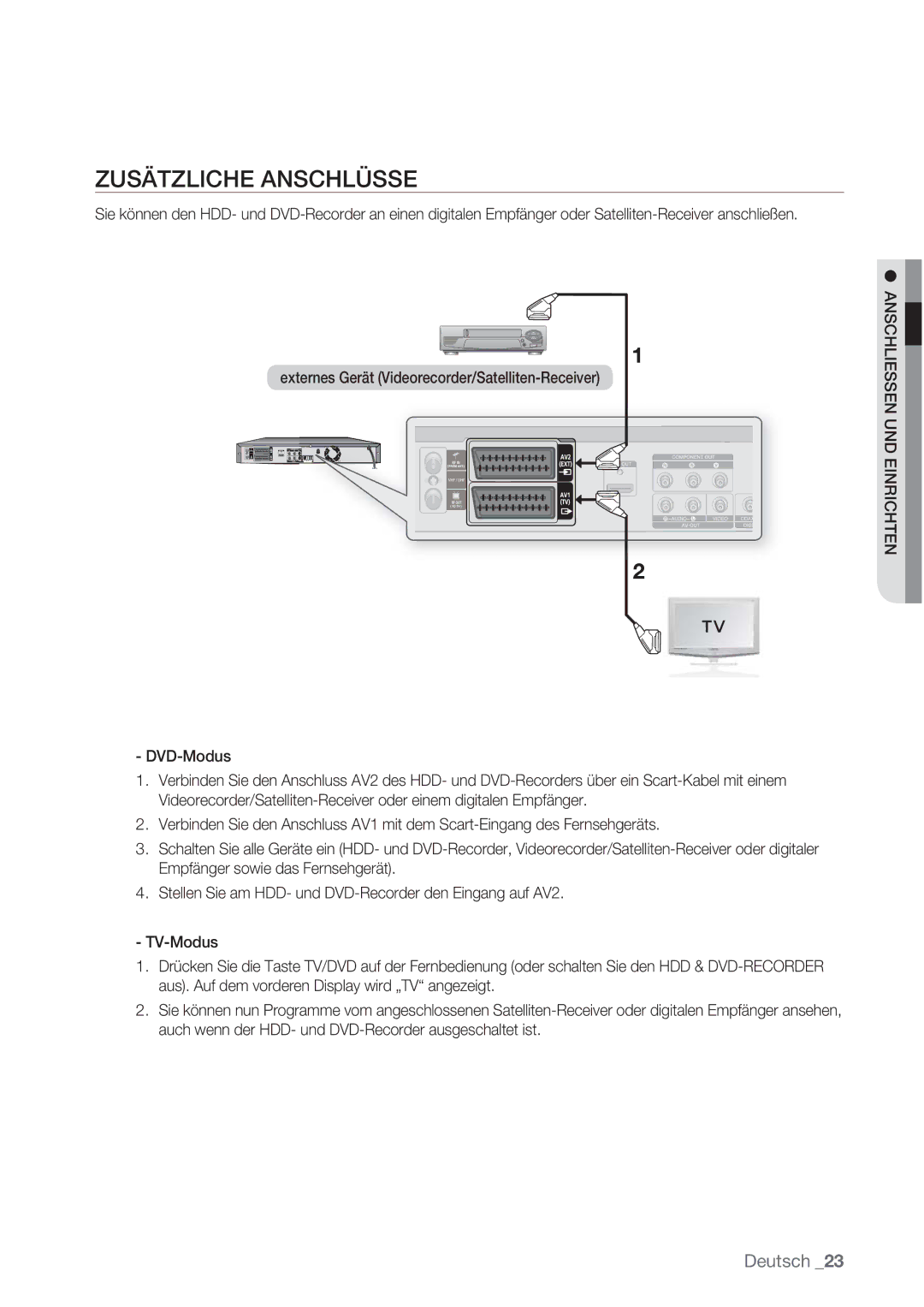 Samsung DVD-HR777/XEG, DVD-HR775/XEN Zusätzliche Anschlüsse, Externes Gerät Videorecorder/Satelliten-Receiver DVD-Modus 