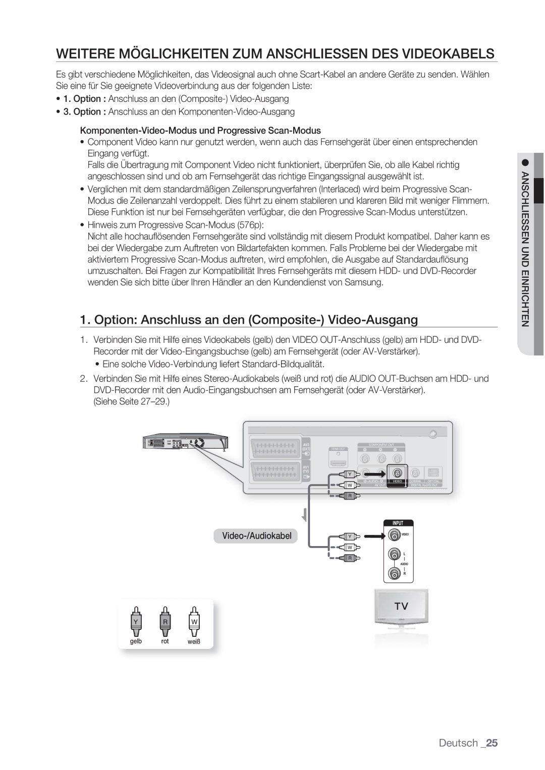 Samsung DVD-HR777/XEB Weitere Möglichkeiten ZUM Anschliessen DES Videokabels, Hinweis zum Progressive Scan-Modus 576p 