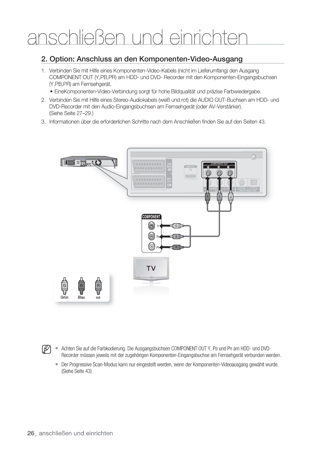 Samsung DVD-HR775/XEG, DVD-HR775/XEN, DVD-HR777/XEB, DVD-HR775/XEB manual Option Anschluss an den Komponenten-Video-Ausgang 