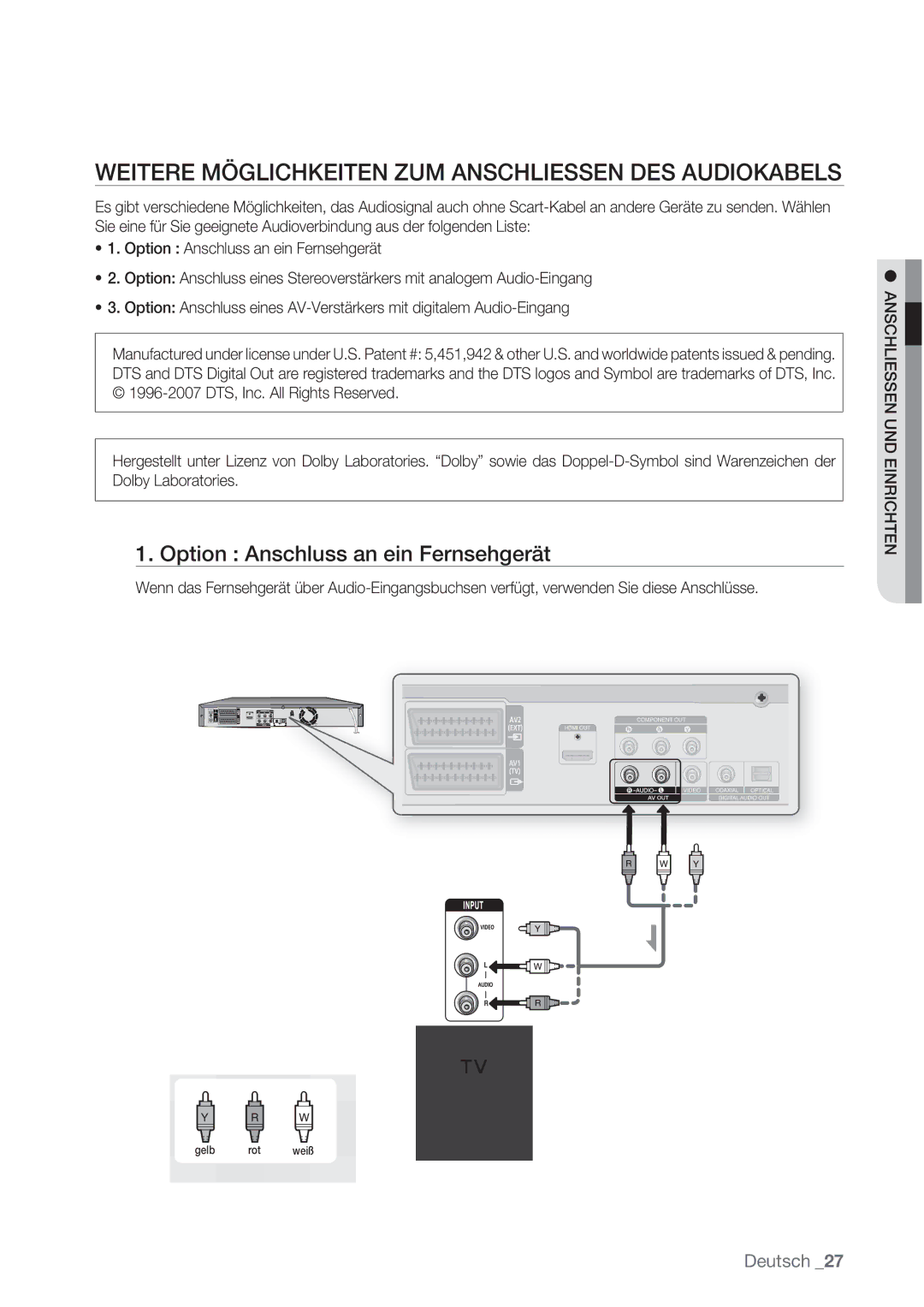 Samsung DVD-HR775/XEB manual Weitere Möglichkeiten ZUM Anschliessen DES Audiokabels, Option Anschluss an ein Fernsehgerät 