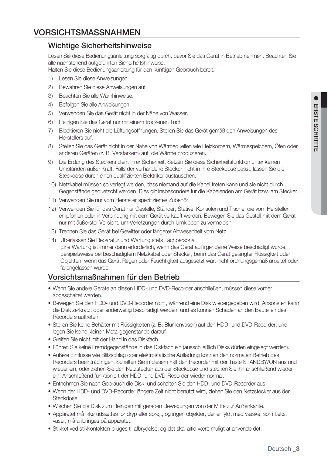 Samsung DVD-HR775/XEB, DVD-HR775/XEN Vorsichtsmassnahmen, Wichtige Sicherheitshinweise, Vorsichtsmaßnahmen für den Betrieb 