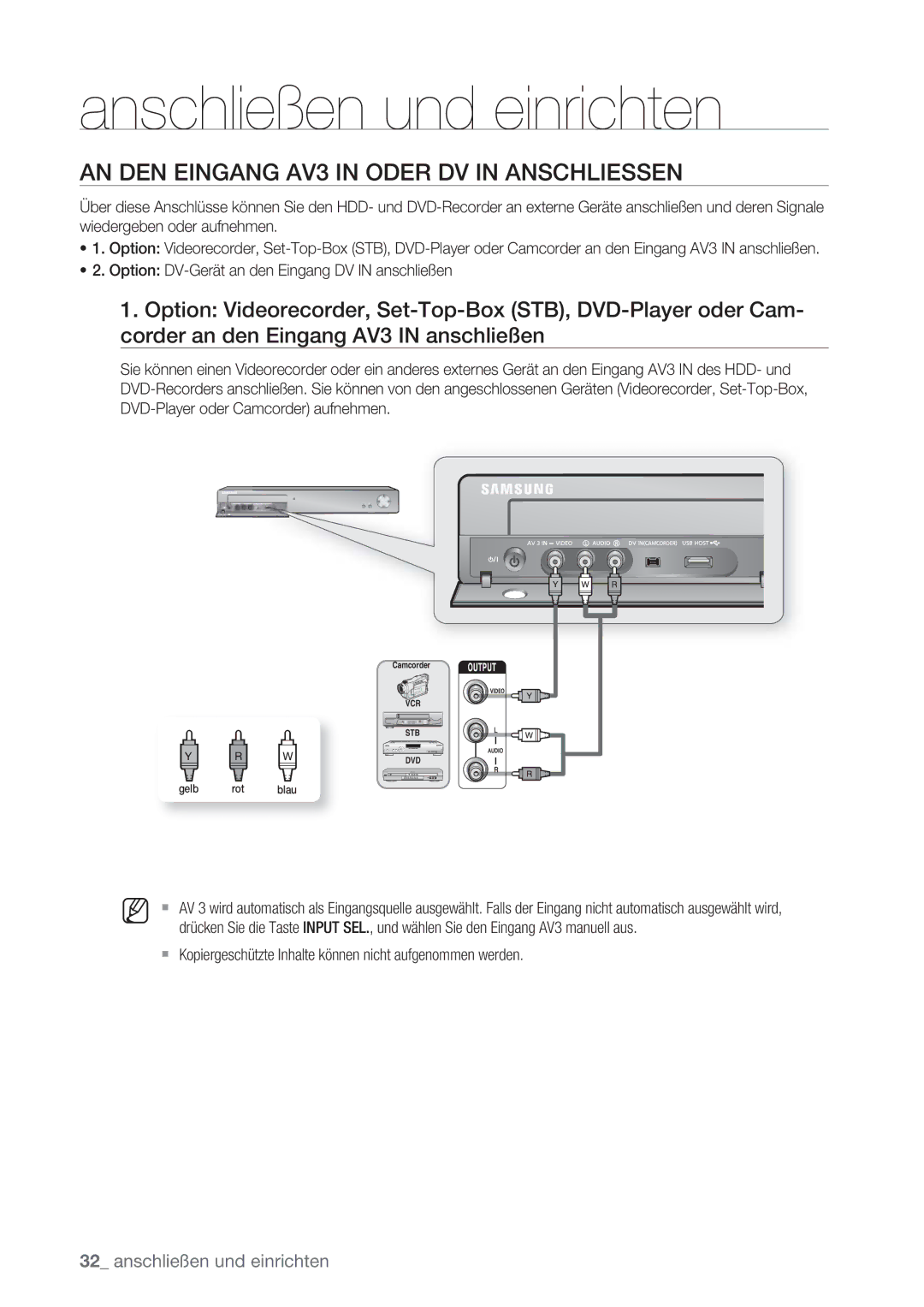 Samsung DVD-HR775/XEG, DVD-HR775/XEN, DVD-HR777/XEB, DVD-HR775/XEB manual AN DEN Eingang AV3 in Oder DV in Anschliessen 