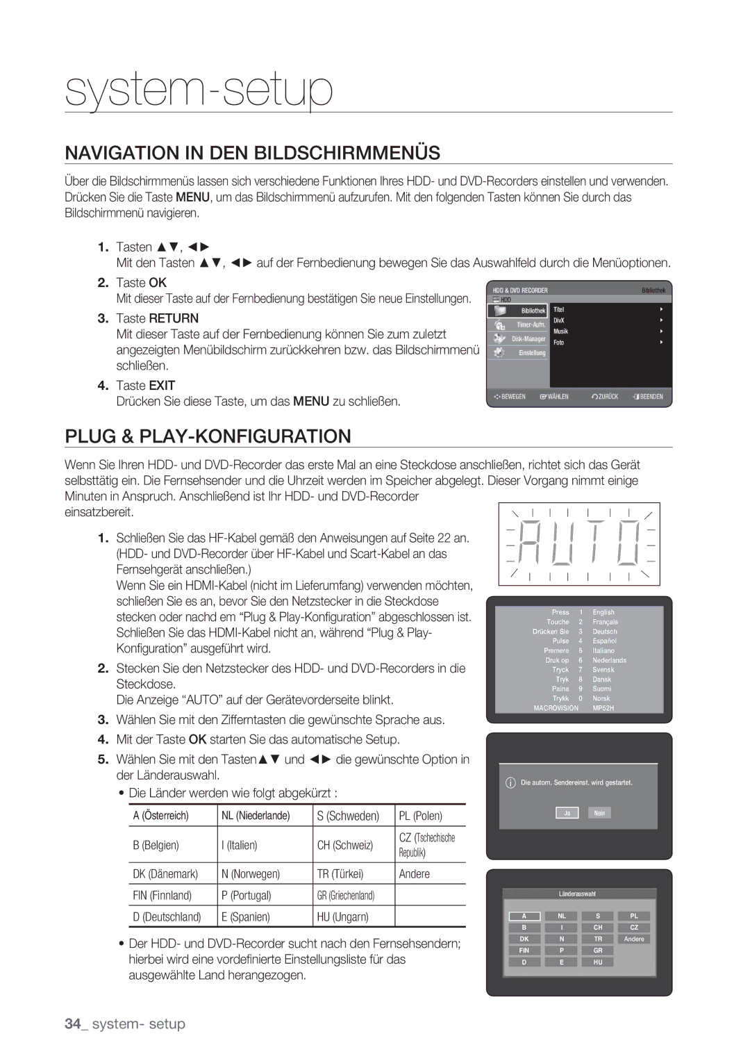 Samsung DVD-HR775/AUS, DVD-HR775/XEN manual System-setup, Navigation in DEN Bildschirmmenüs, Plug & PLAY-KONFIGURATION 