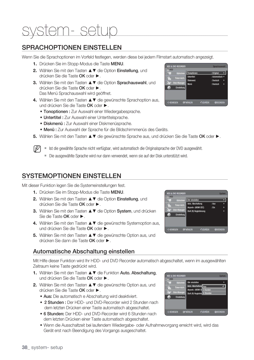 Samsung DVD-HR775/XEG manual Sprachoptionen Einstellen, Systemoptionen Einstellen, Automatische Abschaltung einstellen 