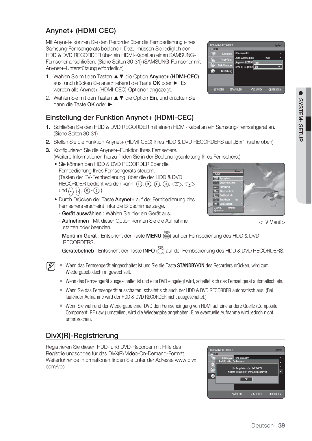 Samsung DVD-HR775/XEB manual Anynet+ Hdmi CEC, DivXR-Registrierung, Einstellung der Funktion Anynet+ HDMI-CEC, Setup 