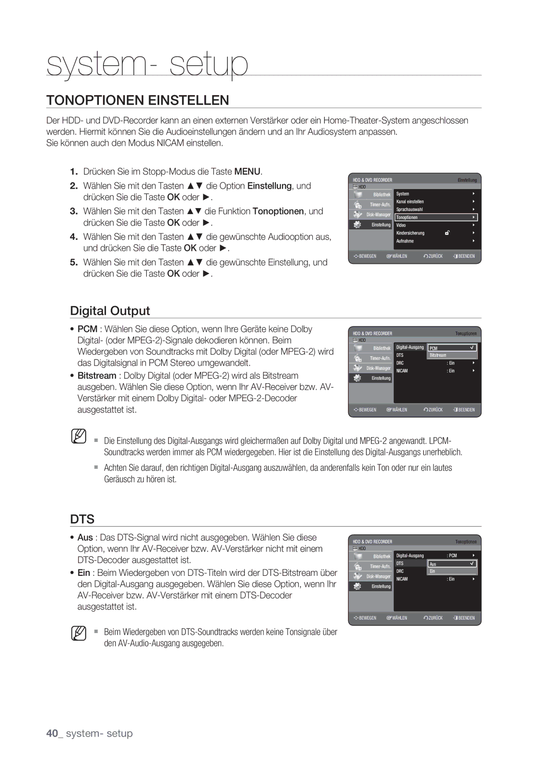 Samsung DVD-HR775/AUS, DVD-HR775/XEN, DVD-HR777/XEB, DVD-HR775/XEG, DVD-HR775/XEB manual Tonoptionen Einstellen, Digital Output 