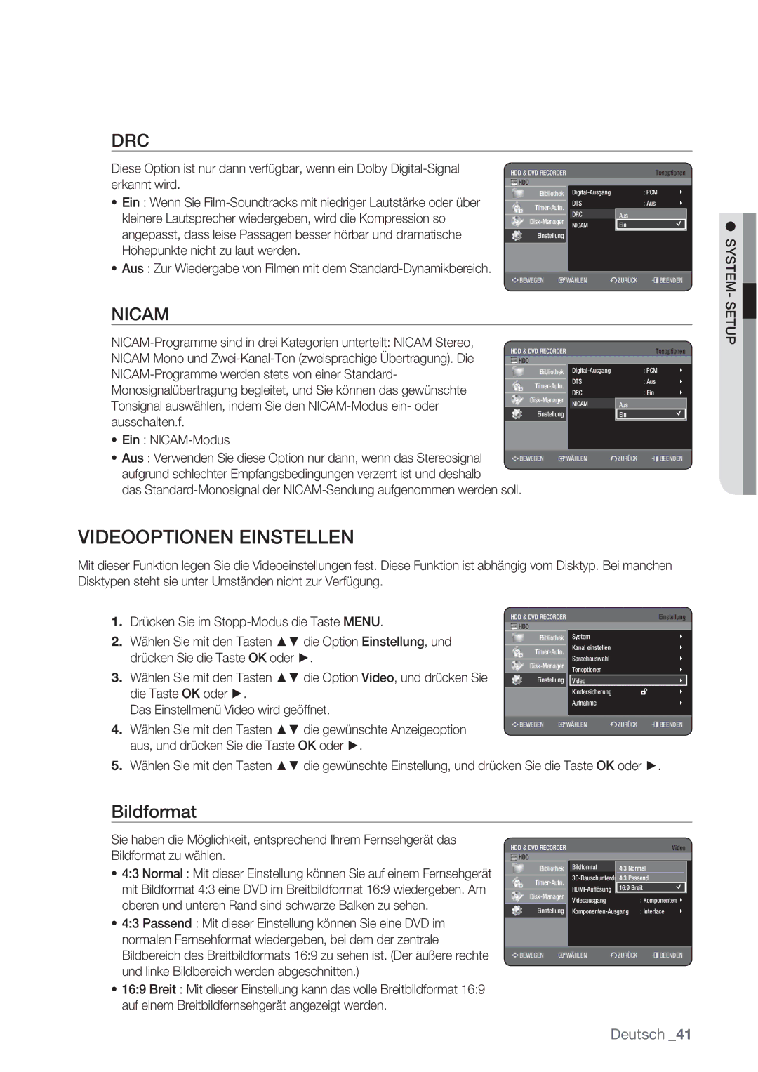 Samsung DVD-HR777/XEG, DVD-HR775/XEN, DVD-HR777/XEB, DVD-HR775/XEG manual Videooptionen Einstellen, Bildformat, System 