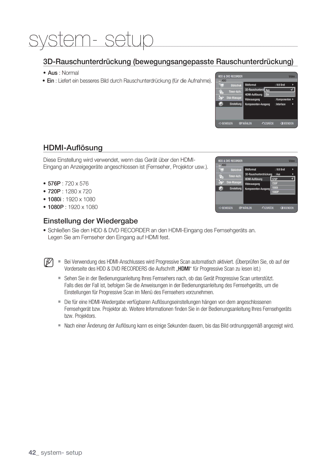 Samsung DVD-HR775/XEN, DVD-HR777/XEB, DVD-HR775/XEG, DVD-HR775/XEB HDMI-Auﬂösung, Einstellung der Wiedergabe, Aus Normal 