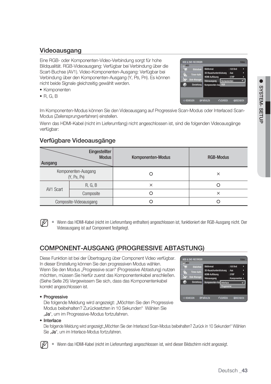 Samsung DVD-HR777/XEB, DVD-HR775/XEN, DVD-HR775/XEG, DVD-HR775/XEB, DVD-HR775/AUS manual Videoausgang, Verfügbare Videoausgänge 