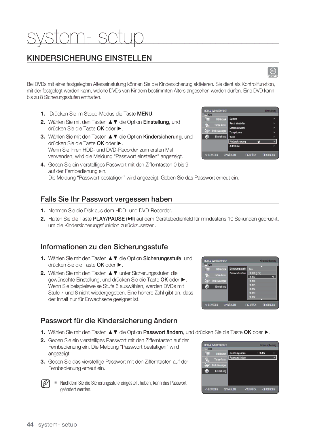 Samsung DVD-HR775/XEG, DVD-HR775/XEN, DVD-HR777/XEB manual Kindersicherung Einstellen, Falls Sie Ihr Passwort vergessen haben 