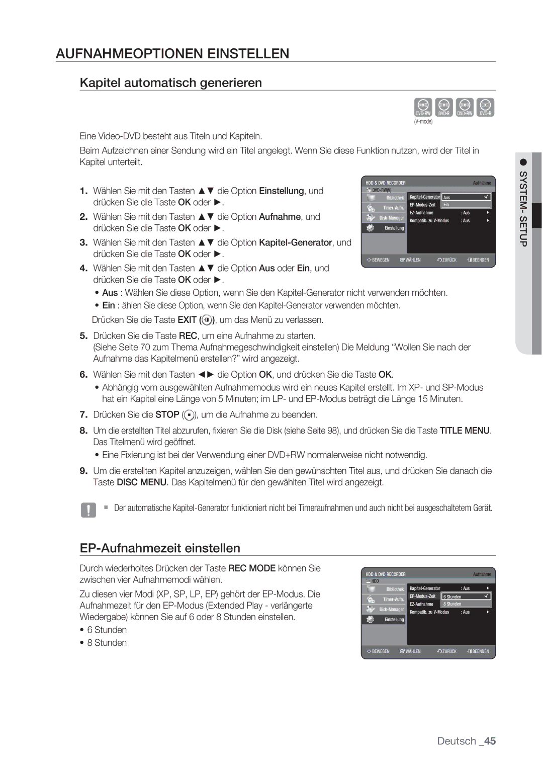 Samsung DVD-HR775/XEB manual Cvkl, Aufnahmeoptionen Einstellen, Kapitel automatisch generieren, EP-Aufnahmezeit einstellen 