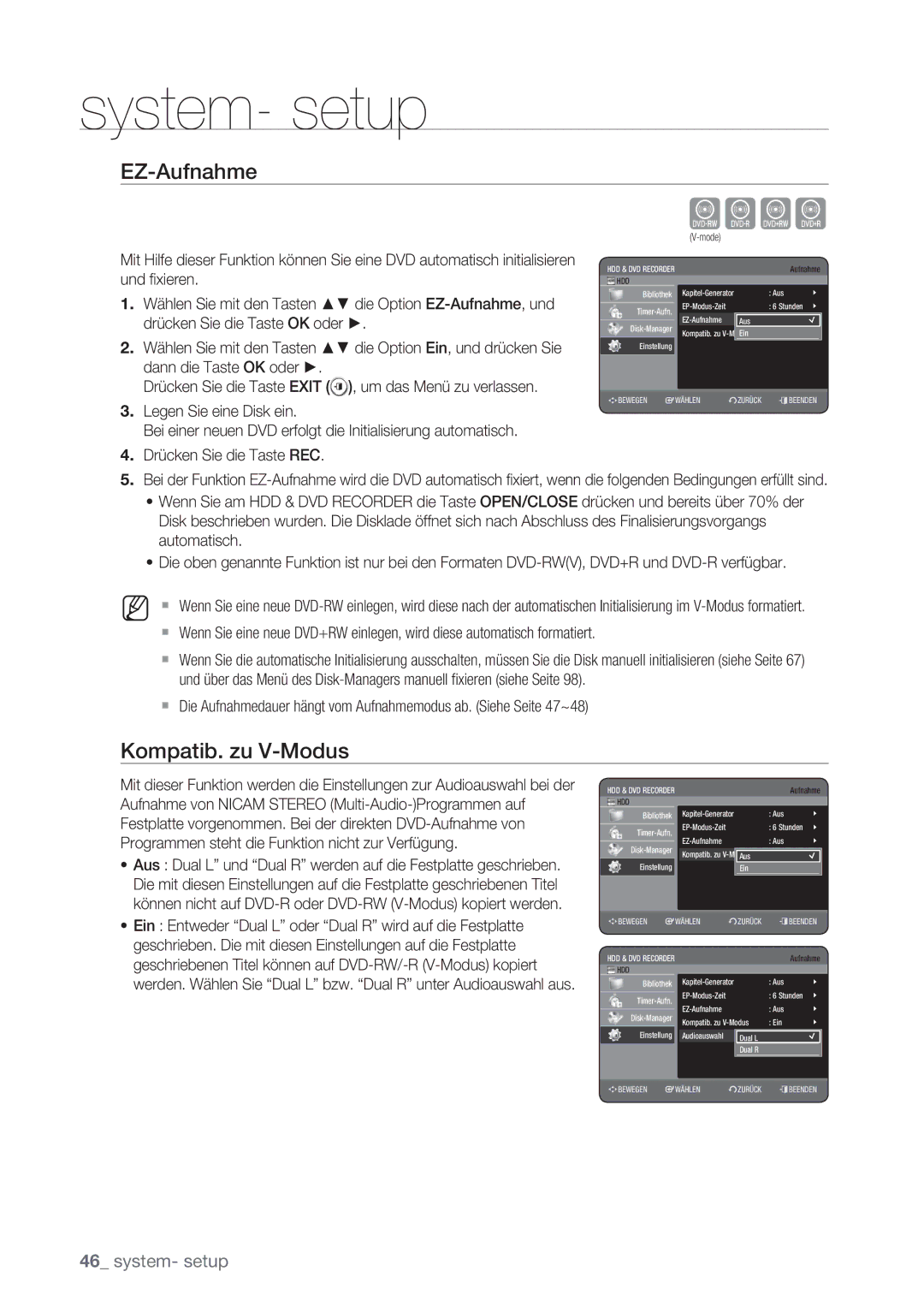 Samsung DVD-HR775/AUS, DVD-HR775/XEN, DVD-HR777/XEB, DVD-HR775/XEG, DVD-HR775/XEB manual EZ-Aufnahme, Kompatib. zu V-Modus 