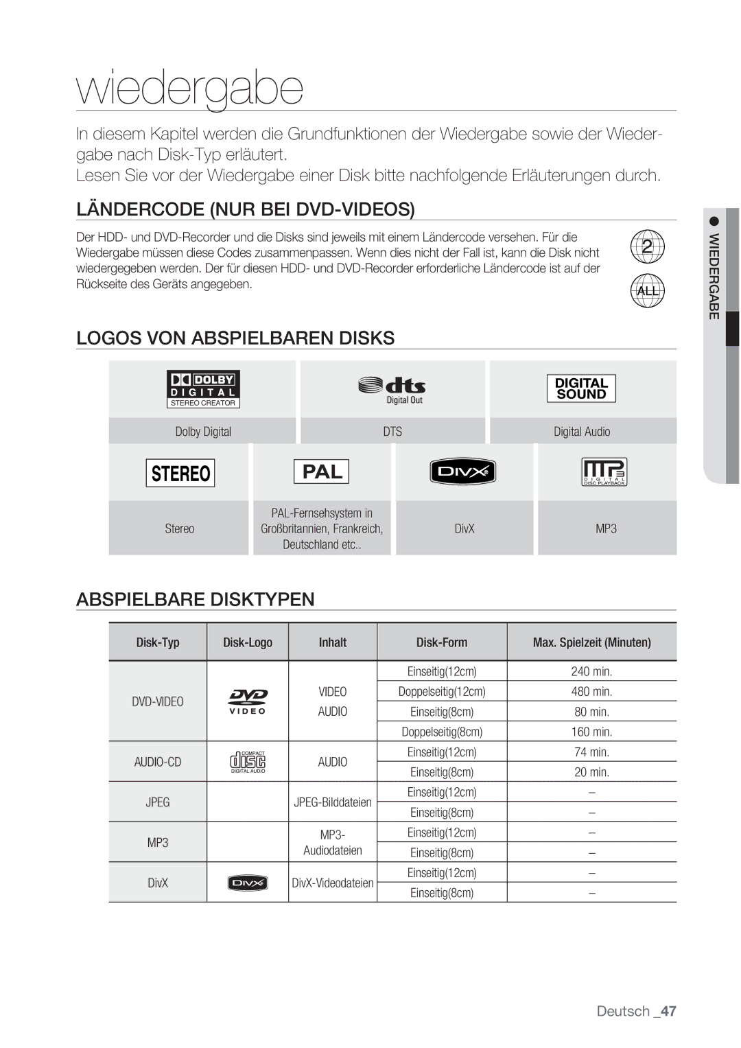 Samsung DVD-HR777/XEG manual Wiedergabe, Ländercode NUR BEI DVD-VIDEOS, Logos VON Abspielbaren Disks, Abspielbare Disktypen 